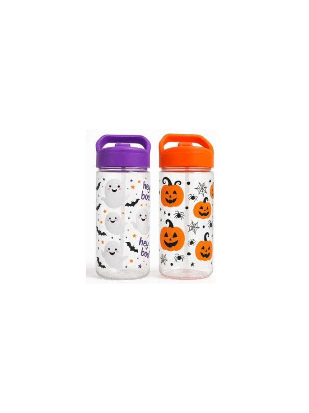 Halloween Water Bottles 2 Pack 16oz Ghost Pumpkin Straw Handle Orange Purple